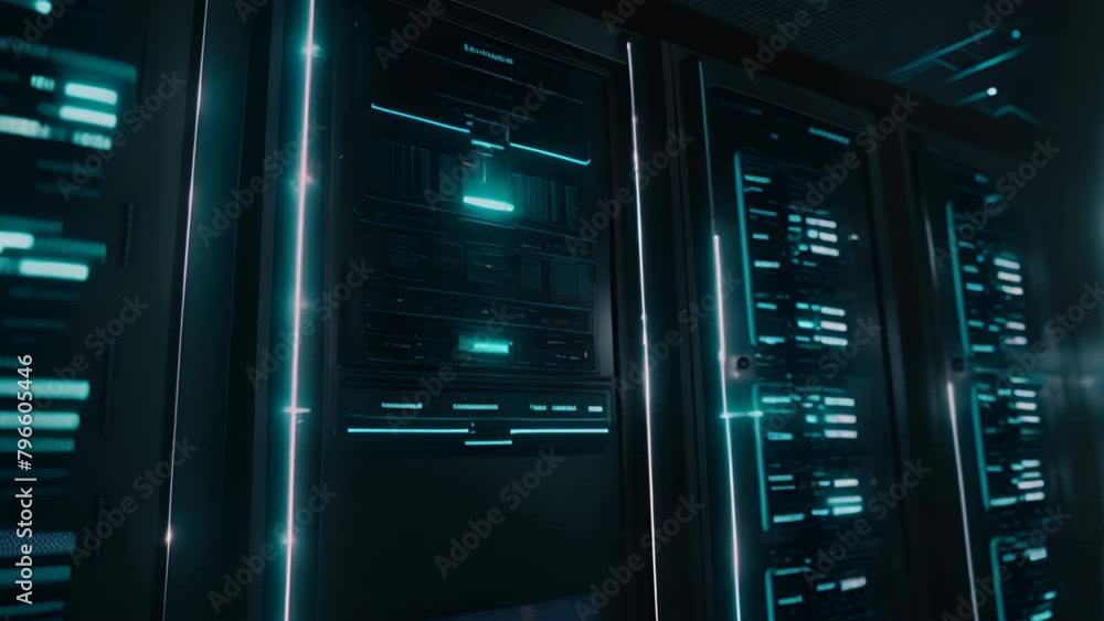 Poster Data center management interface with blue illuminated screens displaying network diagnostics and system information