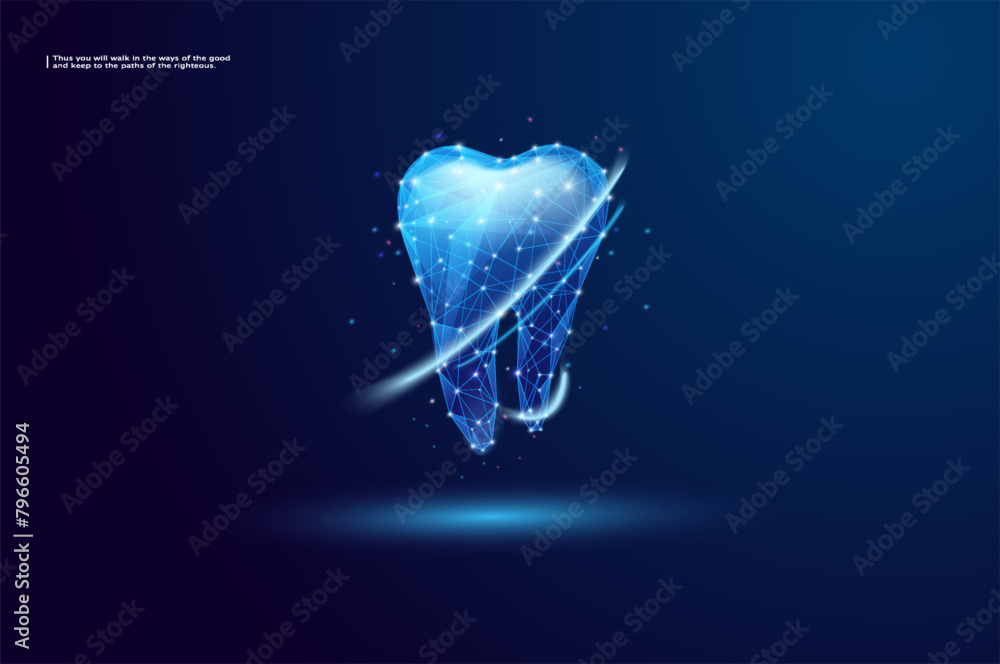 Poster abstract image of tooth low poly wireframe. consisting of points, lines, and shapes in the form of p