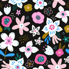 Seamless botanical pattern with hand drawn flowers, leaves. Bright floral texture on black.. Vector texture.