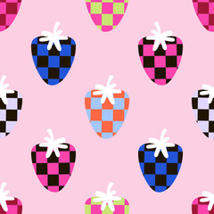 Materiał do szycia Seamless pattern with checkered strawberry. Creative cartoon berry texture. Vector illustration.