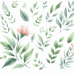 Watercolor floral set of green leaves, greenery, branches, twigs isolated on transparent background