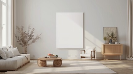 Minimalist living room with white sofa, wooden furniture, and large blank canvas on the wall.