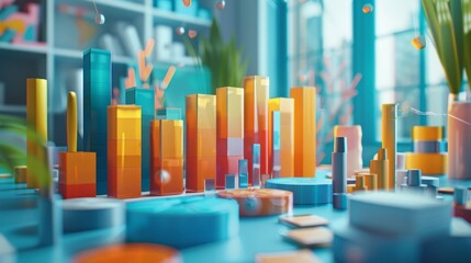 3d render of a cityscape made of blocks in blue and orange colors