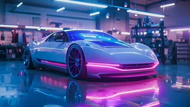 A futuristic car with neon lights on the front. The car is parked in a large, brightly lit garage