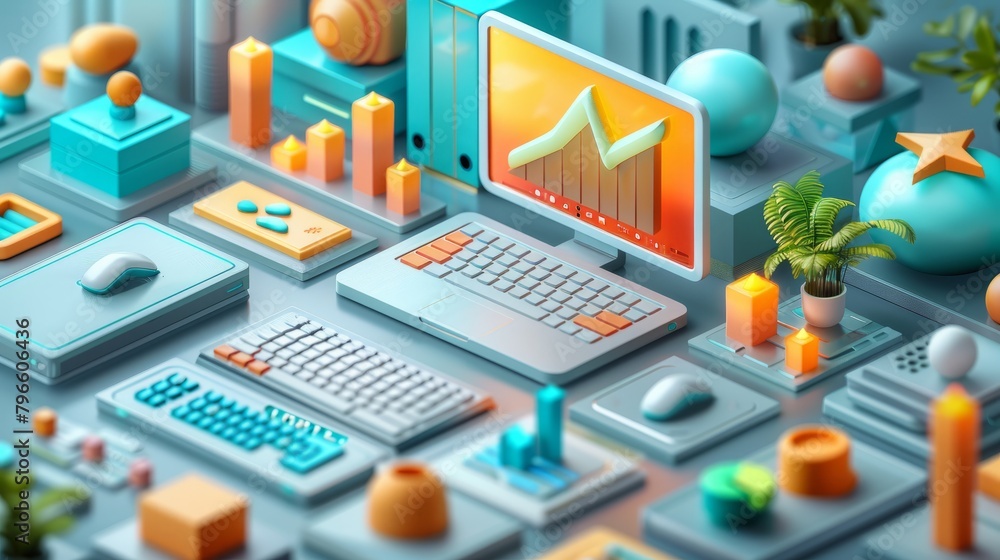 Poster 3d render of a computer desk with a computer, keyboard, mouse, and other office supplies. the comput