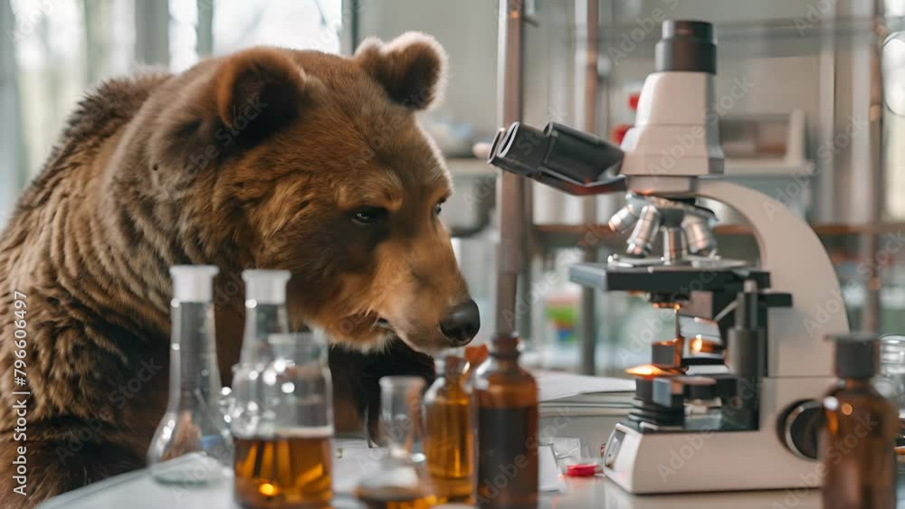 Poster a bear is looking at a microscope. the scene is set in a laboratory with various scientific equipmen