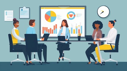 Illustration of a diverse group of business professionals in a meeting with large data display.