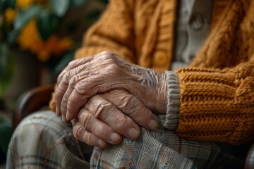 Fototapeta premium Photo highlights the aged skin texture and details of an elderly person's clasped hands