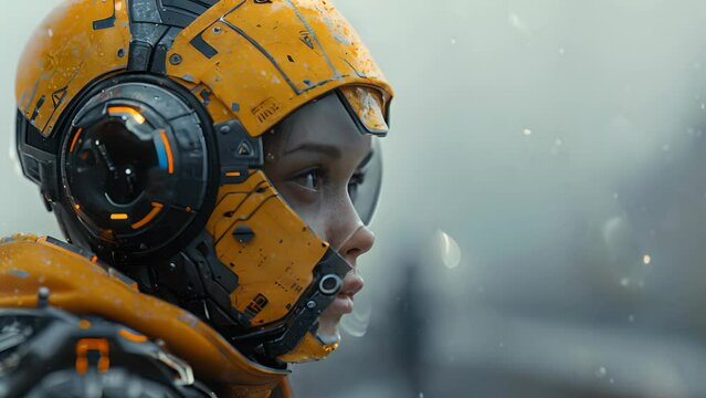 A girl in a yellow helmet with a black face mask. The girl is looking at the camera