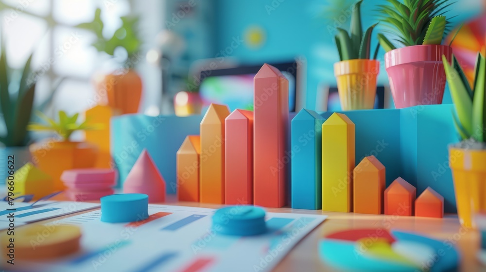 Poster 3d render of a desk with graphs and plants