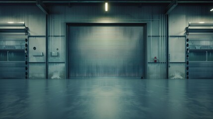 Symmetrical view of a closed metal roller shutter door on a warehouse at night.
