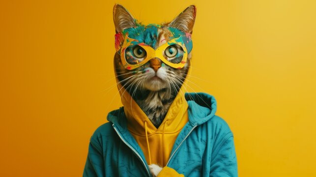 A colorful and quirky portrait of a cat wearing a painted mask and a hoodie on a yellow background.