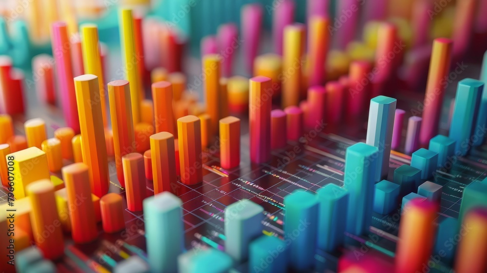 Poster 3d render of colorful 3d bars of different heights on a grid
