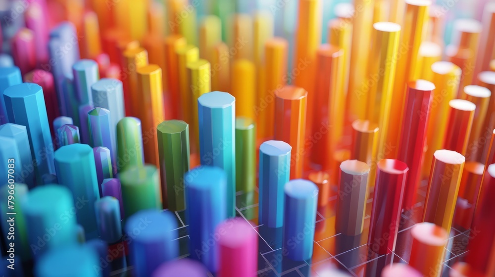 Aufkleber 3d render of colorful cylinders of different heights on a grid