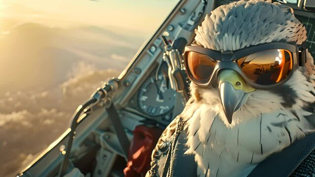 A robot falcon dons aviator goggles, co-piloting the skies with unmatched precision from the cockpit