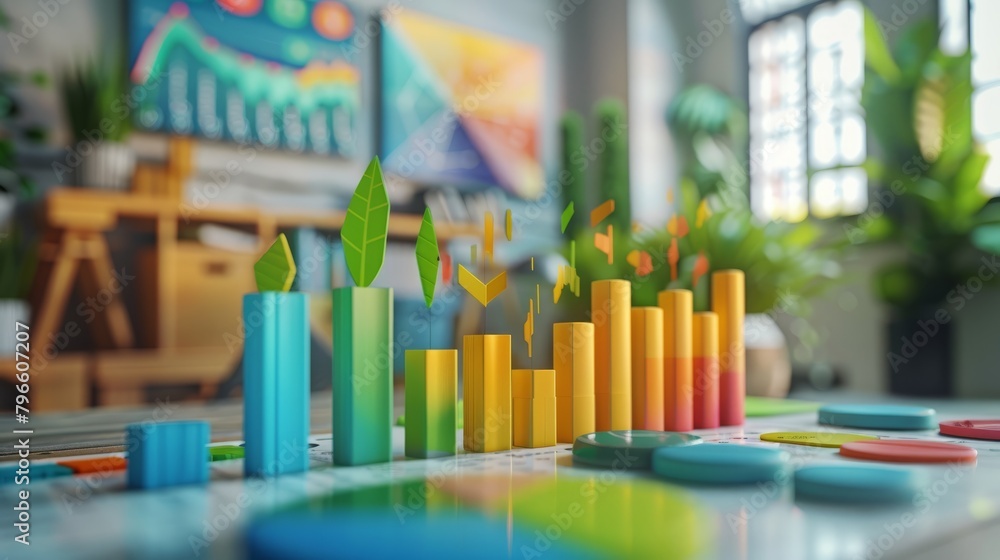 Leinwandbilder 3d rendering of a bar graph with each bar a different color and in front of a blurred background of 