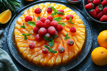 Fresh fruit tart with berries and citrus slices