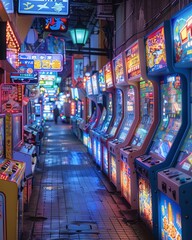 Obraz premium Retro Tokyo arcade, classic games, neon lights, youth in vintage fashion