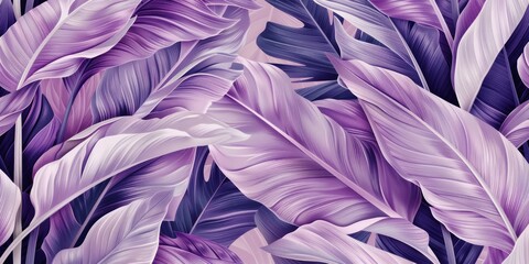 tropical luxury exotic seamless pattern of purple banana leaves, palm leaves, vintage 3D illustration, hand-drawn style glamorous background fabric printing texture design