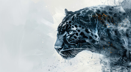 striking monochromatic portrayal of an amur leopard with dynamic splash accents for conservation awareness, endangered species animal - obrazy, fototapety, plakaty
