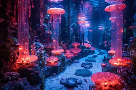 Retro underwater music festival, neon coral stages, aquatic bands, bubble sound systems