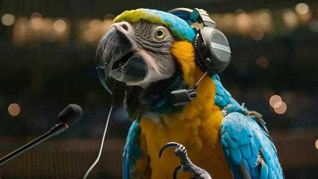 A vibrant robotic parrot with a headset, poised to translate speeches, showcases linguistic prowess