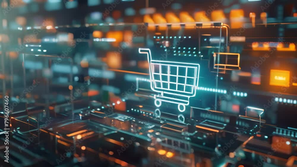 Poster a computer screen shows a shopping cart with a shopping cart icon. the image is a representation of 