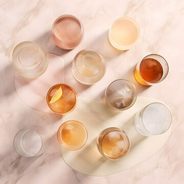 Plano a&eacute;reo cenital de vasos sobre una mesa de m&aacute;rmol. Colores beige. Bebidas. Cocktail. Bodeg&oacute;n. Fotograf&iacute;a editorial. Fotograf&iacute;a de producto. Generado con IA.
