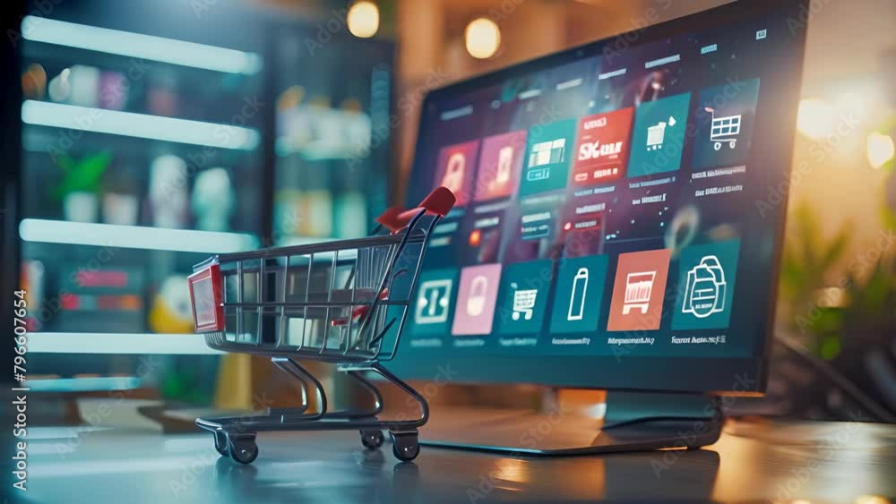 Poster a small shopping cart is displayed on a computer monitor