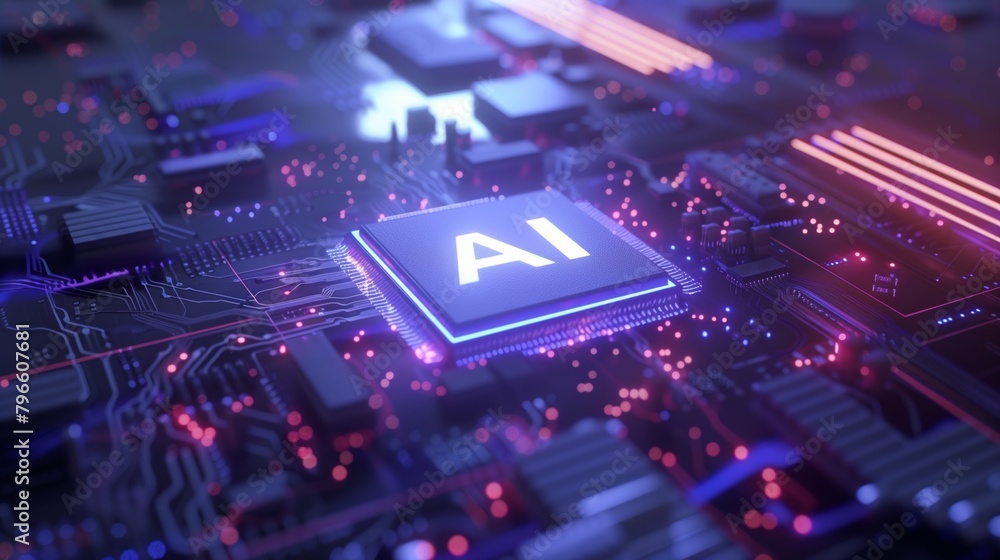 Poster Close-up of an illuminated AI chip on a futuristic circuit board with neon lights.