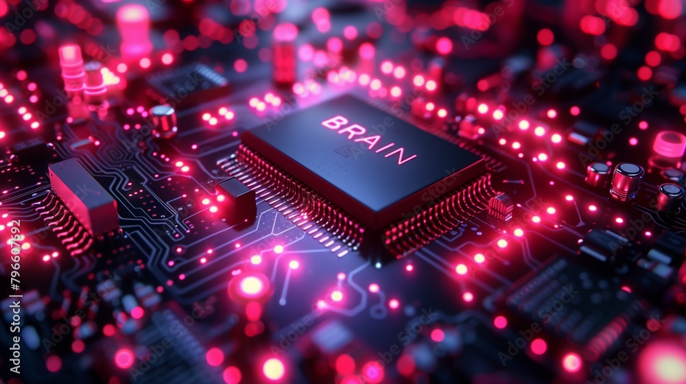 Sticker Close-up of a futuristic circuit board with a central processor labeled 'BRAIN' illuminated by red lights.