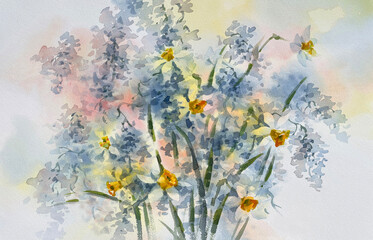 A bouquet of white spring flowers watercolor background
