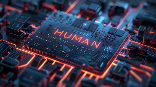 Highly detailed image of a futuristic computer motherboard with 'HUMAN' spelled out in neon tones.