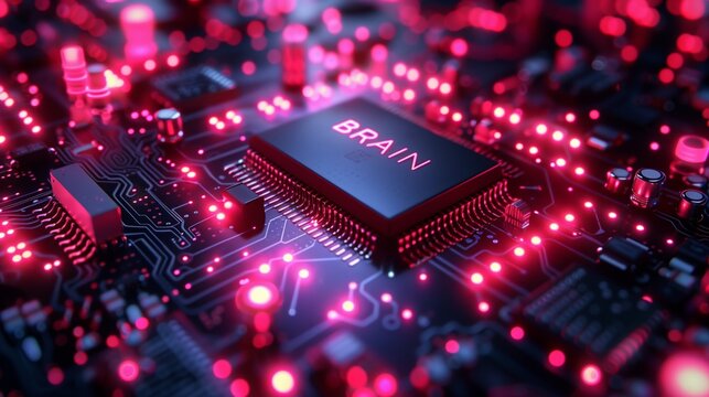Close-up of a futuristic circuit board with a central processor labeled 'BRAIN' illuminated by red lights.