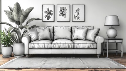 Line drawing of Couch with lamp lamphade and houseplant on white background. Monochrome modern illustration. - obrazy, fototapety, plakaty