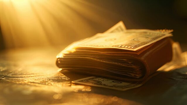 A stack of money is on a table with the sun shining on it. The money is folded and he is a wallet