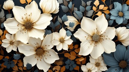Floral background with white flowers and leaves.