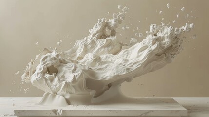 3D rendering of a white liquid sculpture, resembling a wave, with a smooth, glossy surface, and intricate details, set against a beige background, rendered in high resolution.