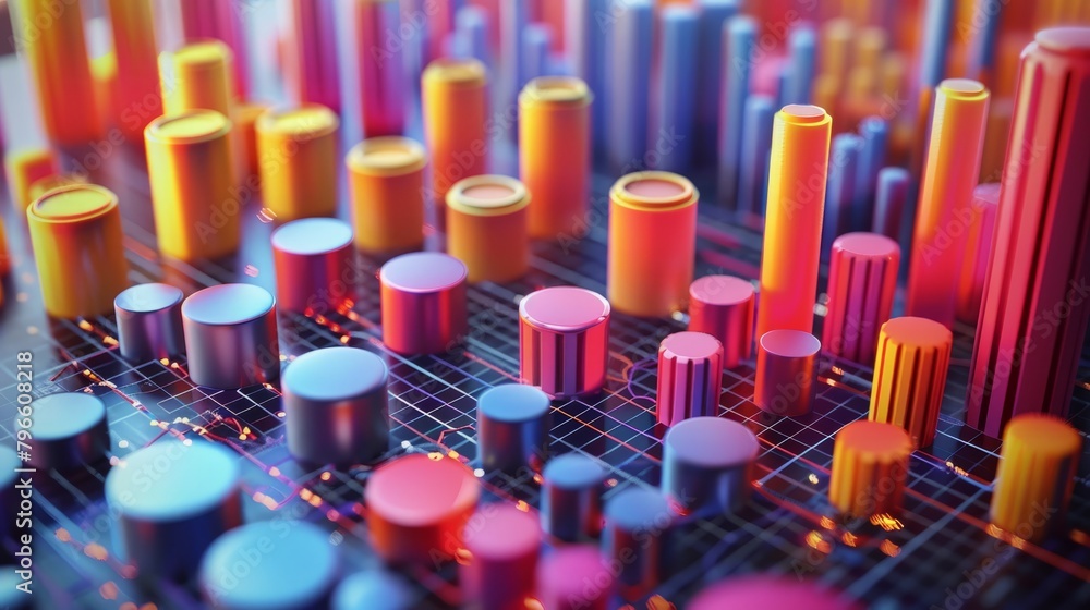 Poster 3d rendering of colorful cylinders on a grid with a glowing background