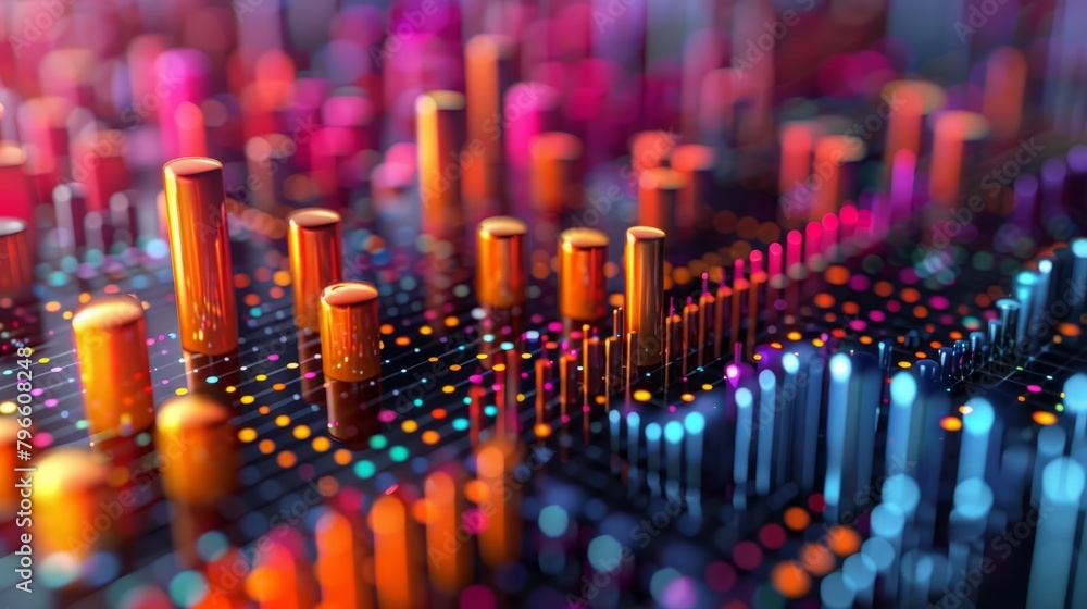 Poster 3d rendering of colorful glowing sticks of various heights on a surface with glowing particles.