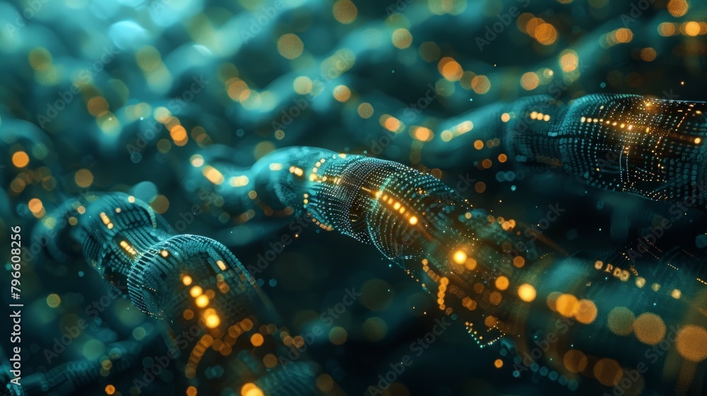 Poster 3d rendering of glowing blue and yellow interconnected spiral data streams