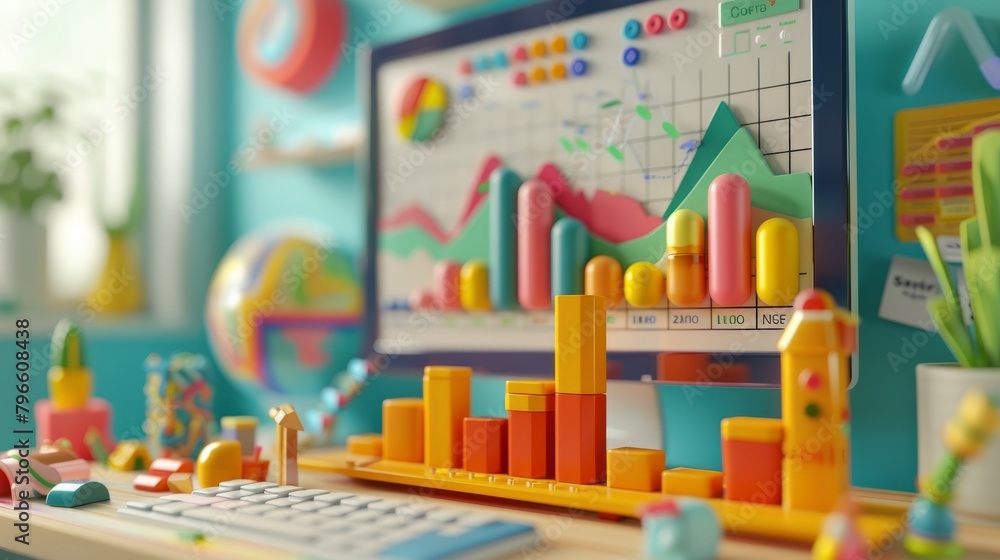 Poster a 3d illustration of a computer monitor displaying graphs and charts. the foreground has a desk with