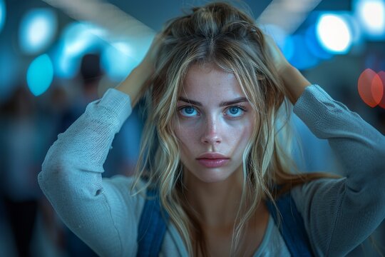 A young woman with striking blue eyes and a melancholic expression among blurred backlighting