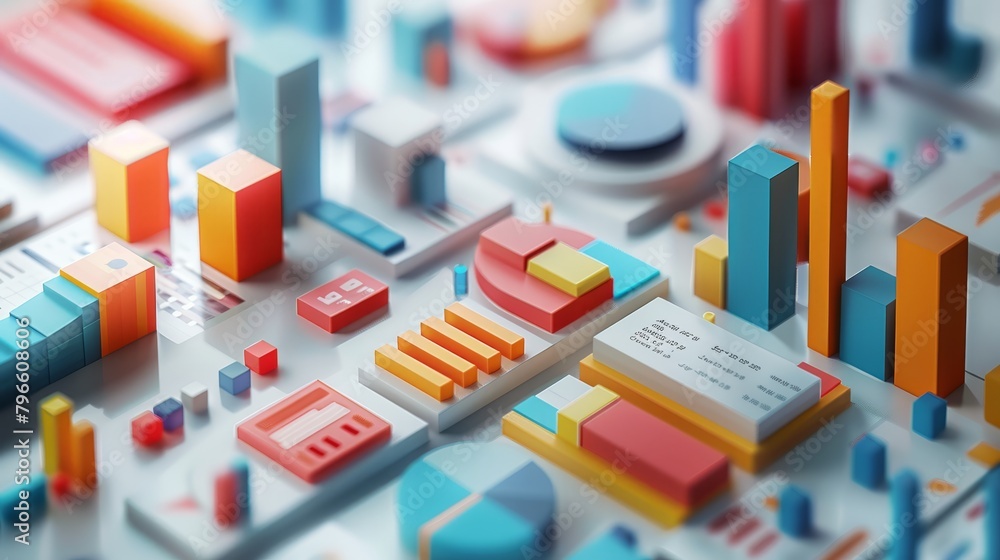 Poster a 3d render of a colorful city made of blocks. the blocks are arranged in a grid-like pattern and ar