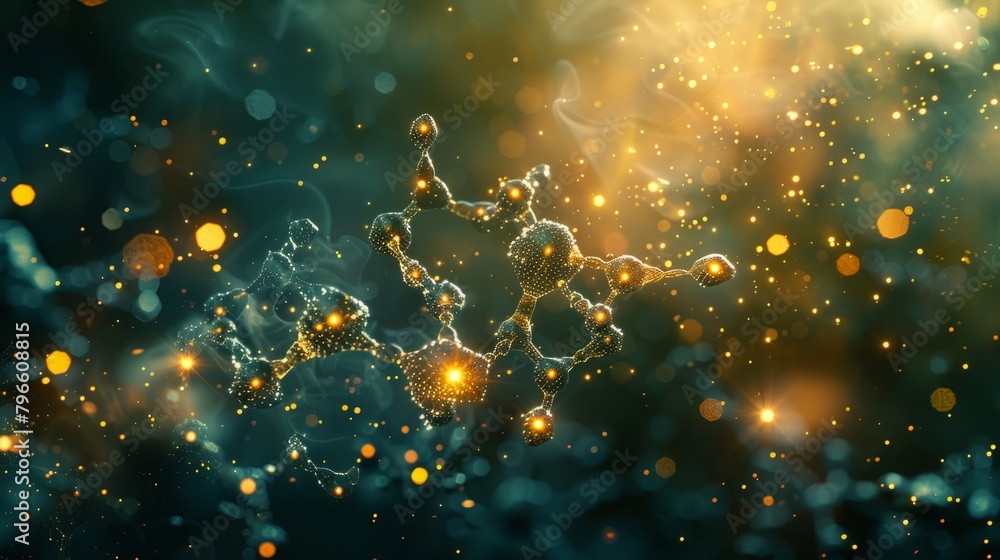 Poster a 3d rendering of a caffeine molecule against a dark blue background with a glowing yellow light in 