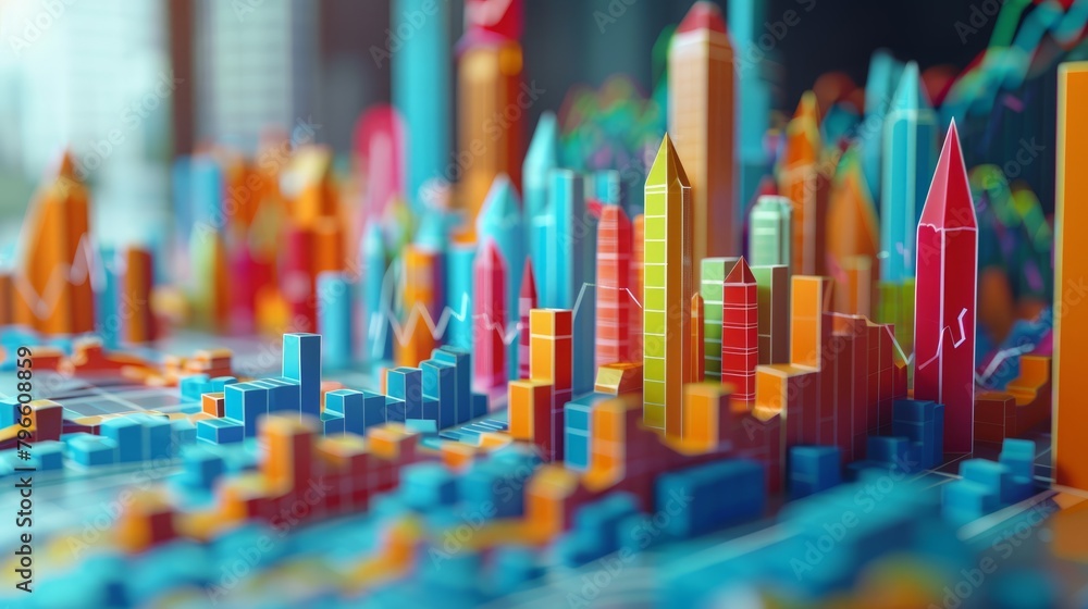 Poster a 3d rendering of a city made of colorful blocks representing a stock market.