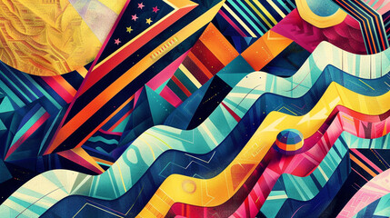 Vibrant geometric patterns cascading over wavy surfaces, creating a visual feast that transports viewers back to the vibrant and eclectic 70s era.