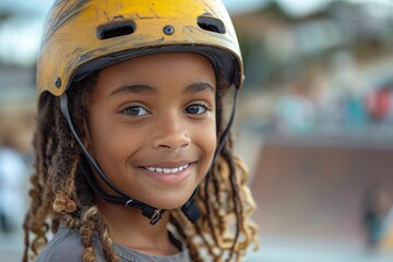 Close-up of a smiling young boy with curly hair, wearing a skateboard helmet, representing a fun, active lifestyle