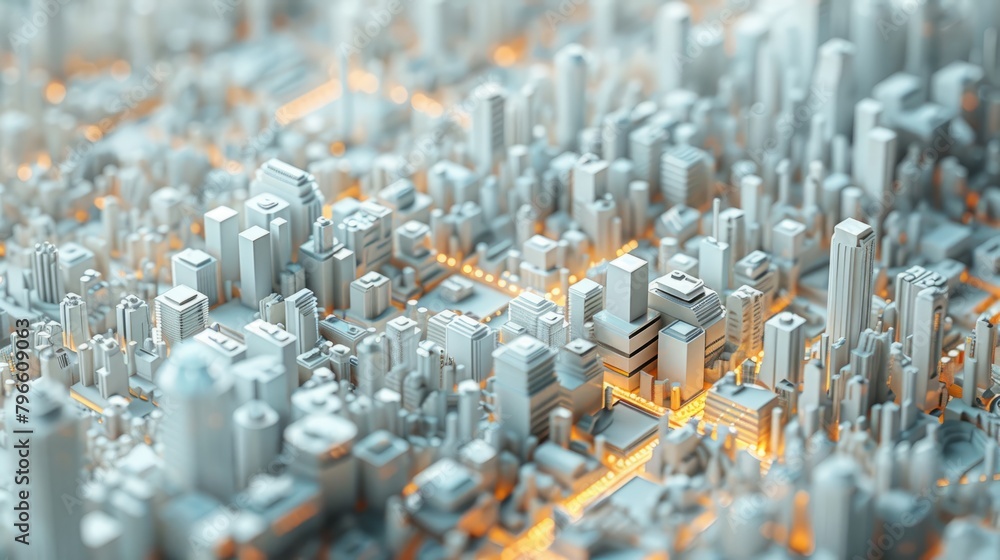 Poster a 3d rendering of a city made of white blocks with orange glowing windows.