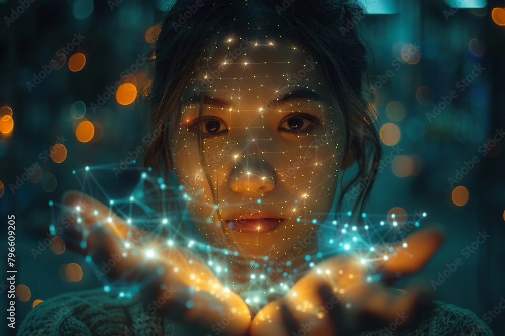 Poster outstretched hands releasing sparkling digital lights, symbolizing connectivity and virtual networki